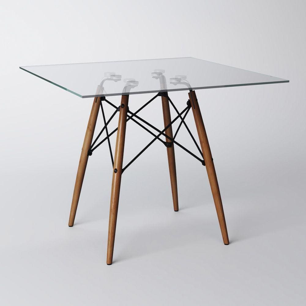 Mesa De Jantar Quadrado Tampo De Vidro Base Madeira Branco