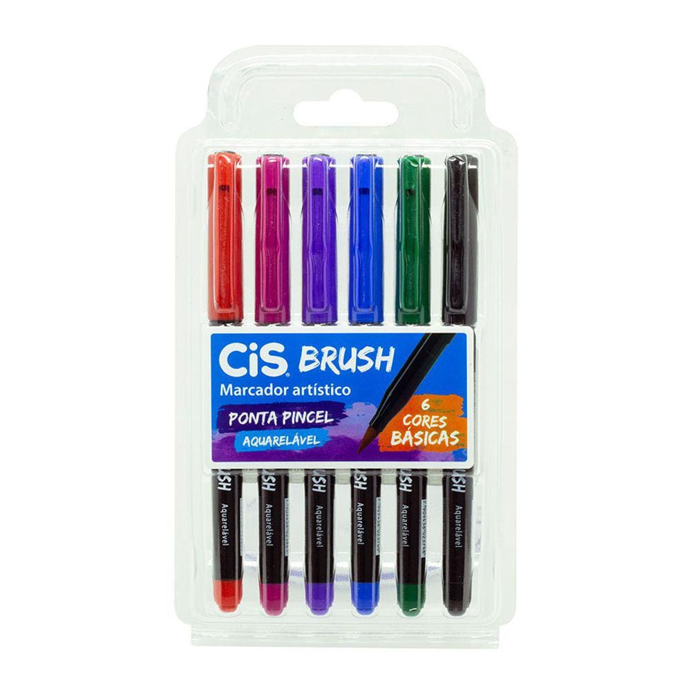Kit Marcador Artístico Ponta Pincel Aquarelável Com 6 Cores Básicas da Cis Ref 71.0000