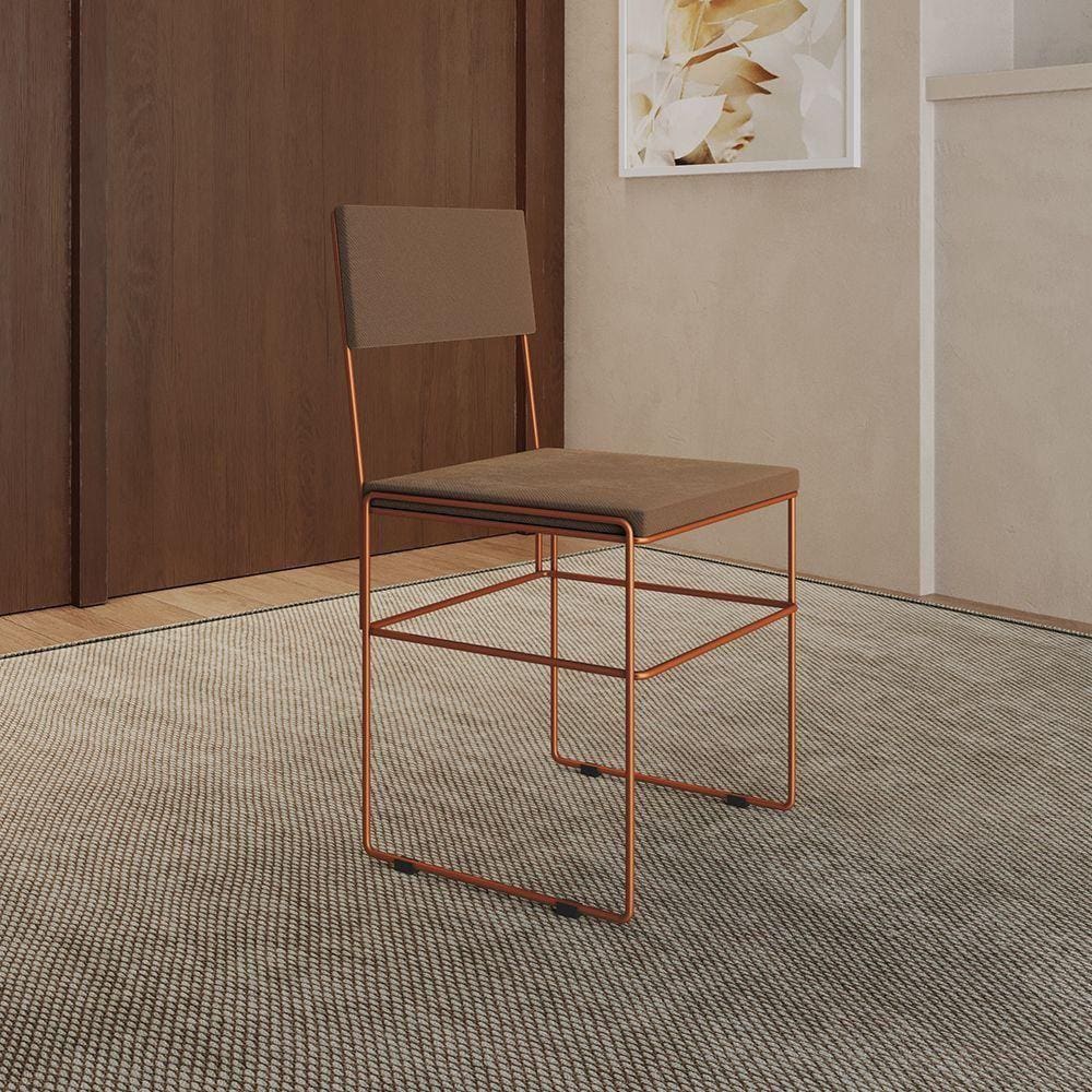 Cadeira De Jantar Industrial Estofada Marrom Base Cobre