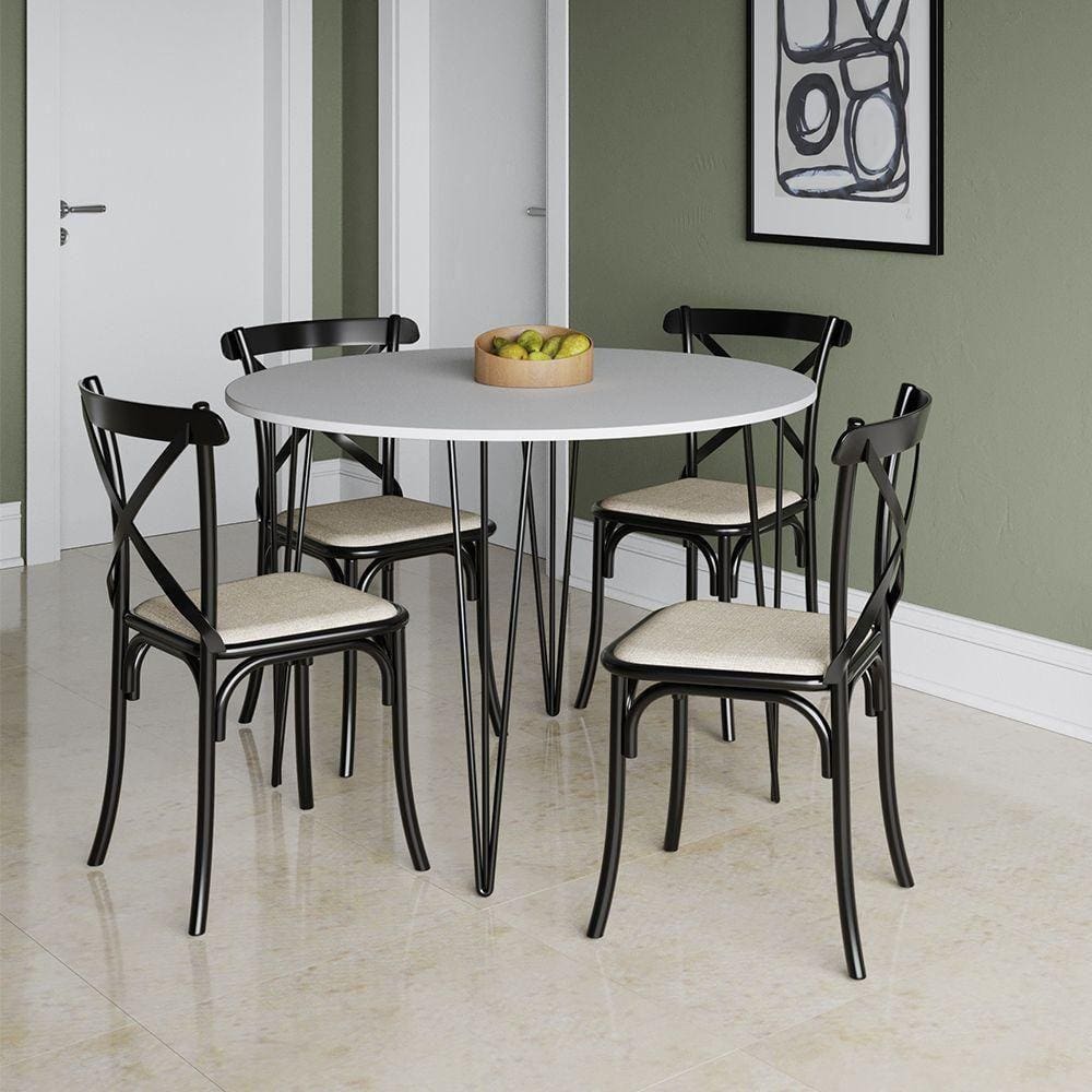 Mesa Jantar Redonda Branca Com 4 Cadeiras Preta Branco