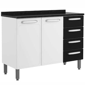 Armário Balcão Aço 2 Portas 4 Gavetas C/Tampo Branco/preto