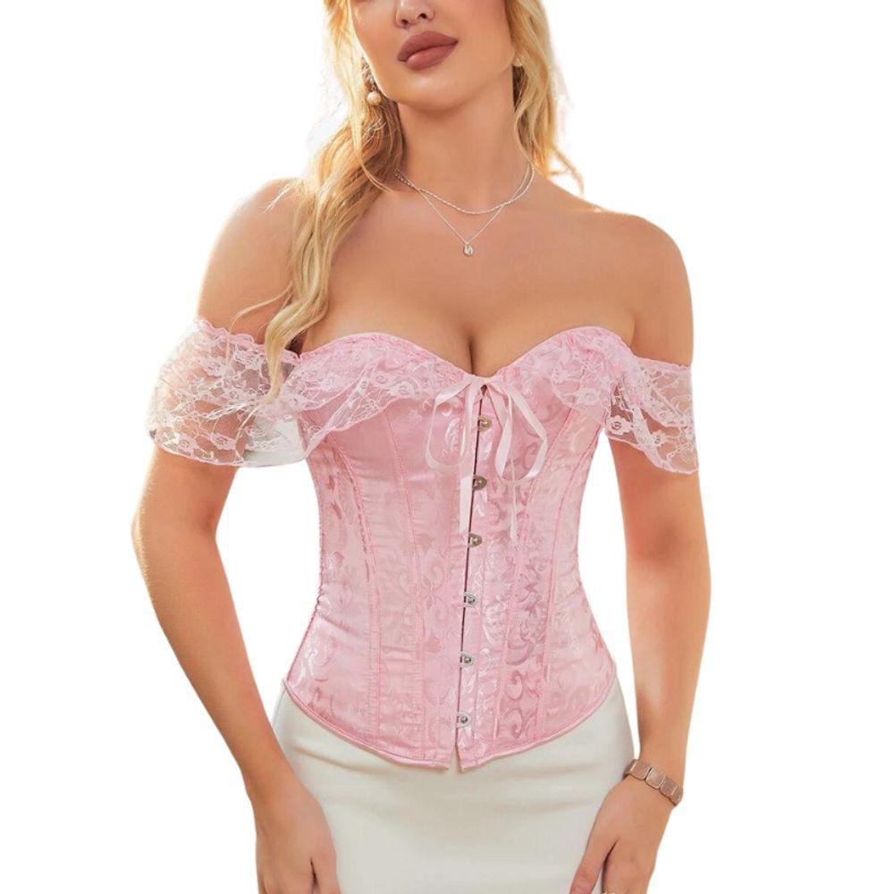Corset Corselet Blusa Modeladora Manga Curta Renda Floral Linha Clássica Rosa Claro M699