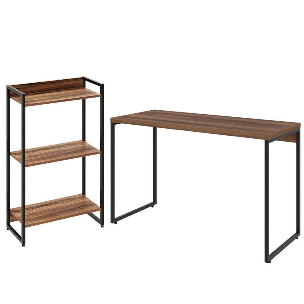 Kit Escritório Estante 3 Prateleiras Com Mesa 120Cm Nogal