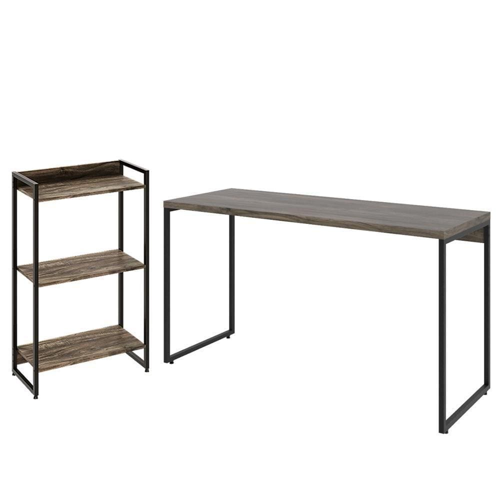Kit Estante 3 Prateleiras Com Mesa 135Cm Carvalho Dark