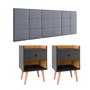 Kit Cabeceira Estofada Modulada Painel Cama Box Casal 1,40 Bia Cinza Linho e 2 Mesinhas Pequena Retrô Canto Quarto Decore  Preto/Nature -Lojas RPM