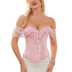 Corset Corselet Blusa Modeladora Manga Curta Renda Floral Linha Clássica Rosa Claro M699