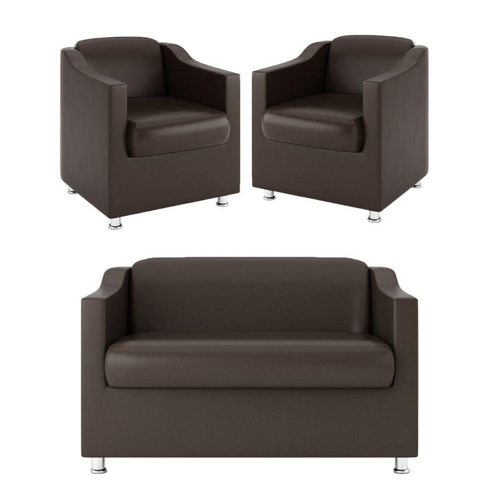 Kit Sofá Namoradeira + 2 Poltronas Tecido Courino marrom