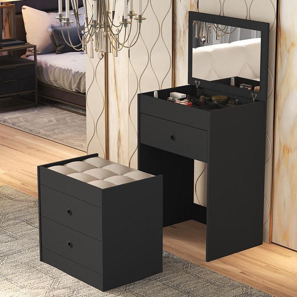 Penteadeira Olivia 3 Gavetas Banqueta Embutida com Rodizios