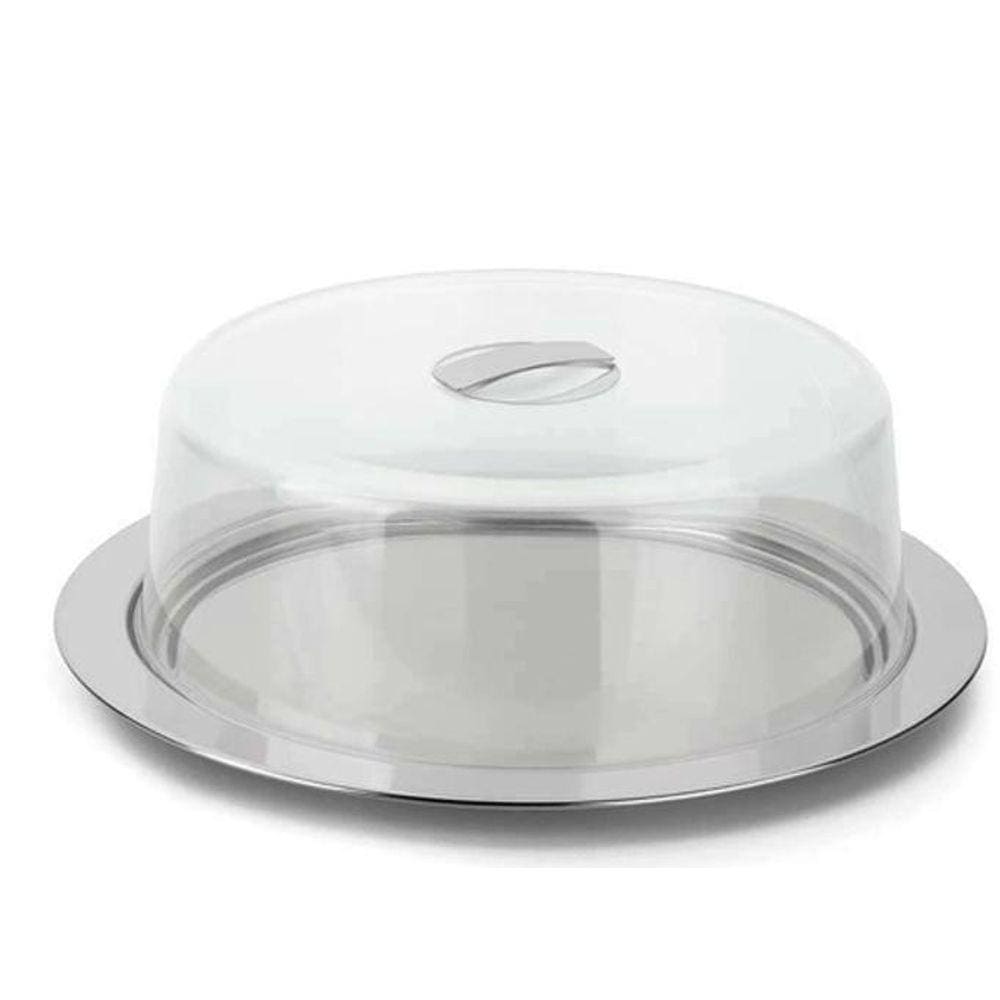 Prato Para Bolo Inox Tampa Acrílica Mimo Transparente/Prata