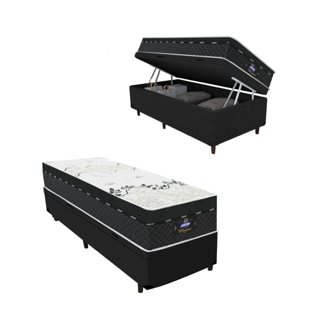 Cama Box Baú Solteiro Colchão Molas Ensacadas Miami 88x188x73cm Branco/Preto - Suporta até 120kg por pessoa