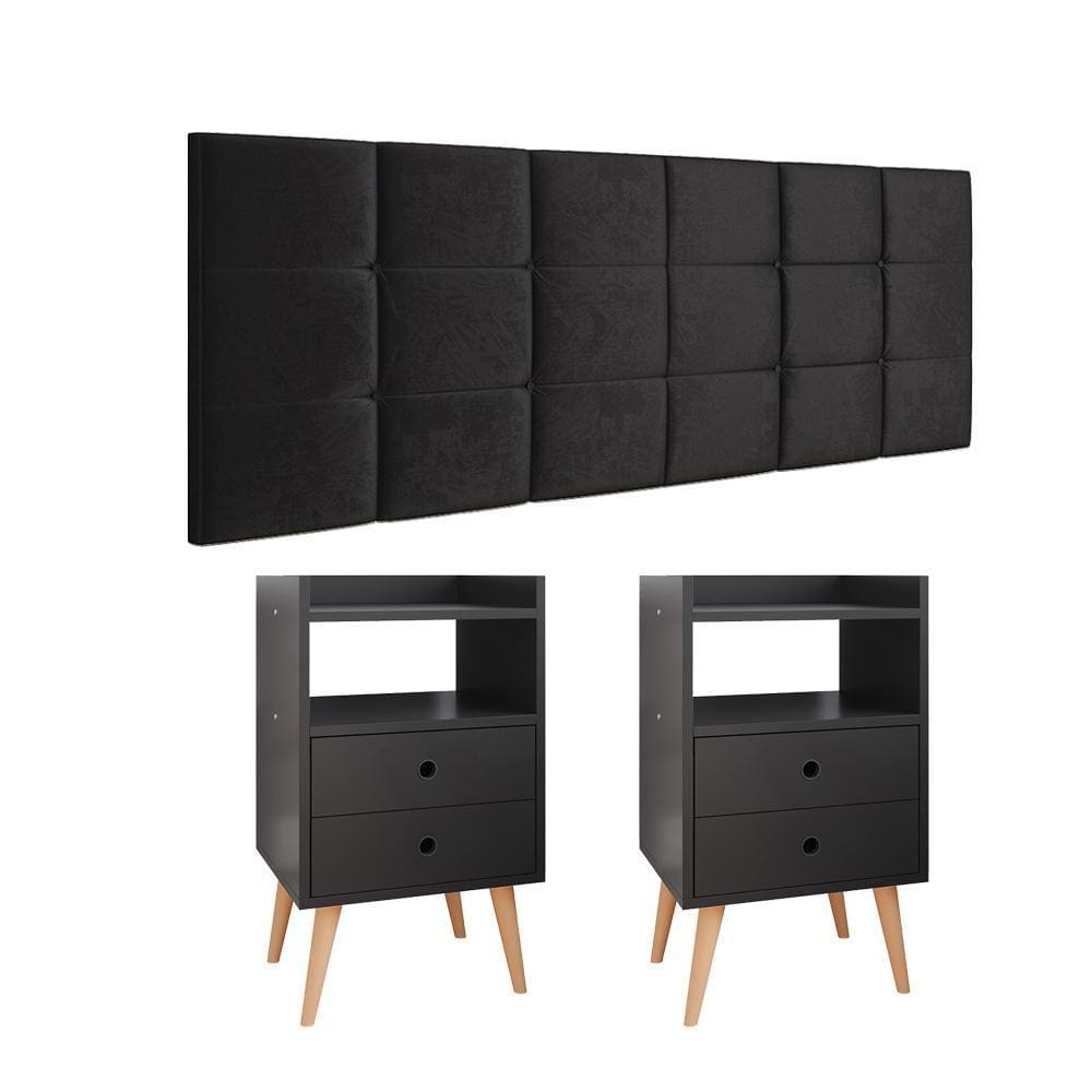 Kit Quarto Cabeceira Cama Casal Box Queen 1,60 Bia e 2 Mesinhas Decorativas Dream Preto - Lojas RPM