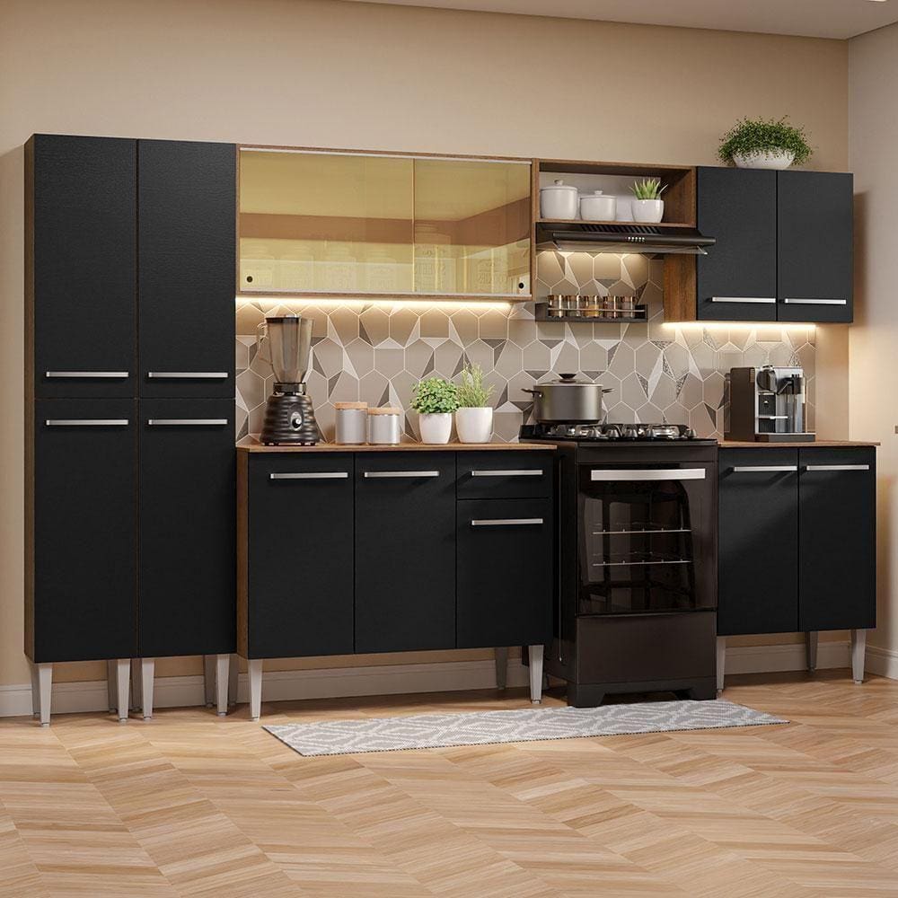 Armário De Cozinha Completa 293Cm Madesa 05 Rustic/Preto