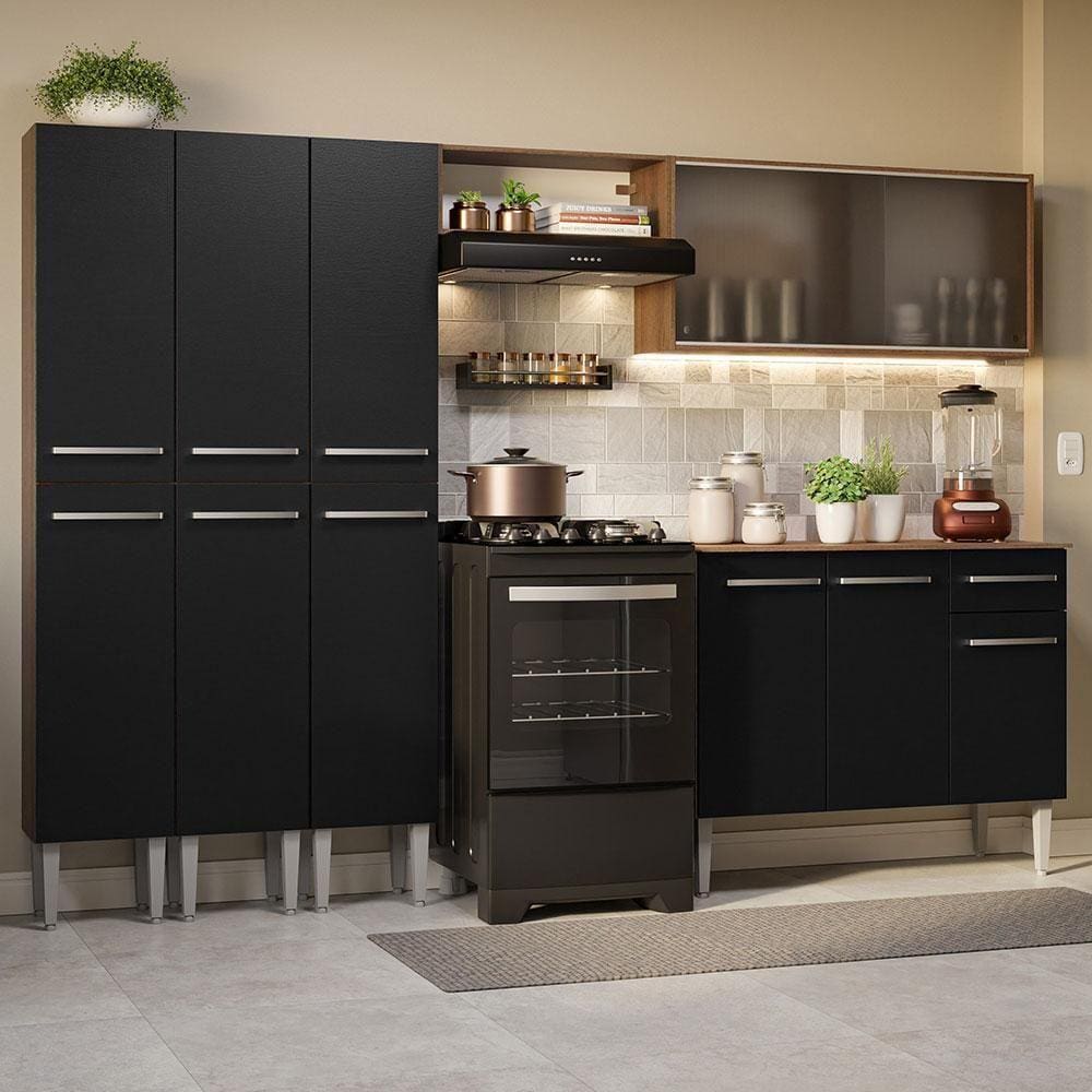 Armário De Cozinha Completa 261Cm Madesa 03 Rustic/Preto