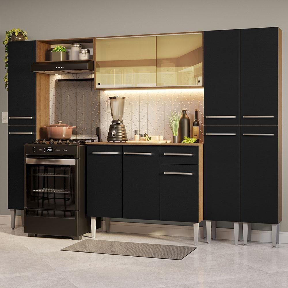Armário De Cozinha Completa 261Cm Madesa 07 Rustic/Preto