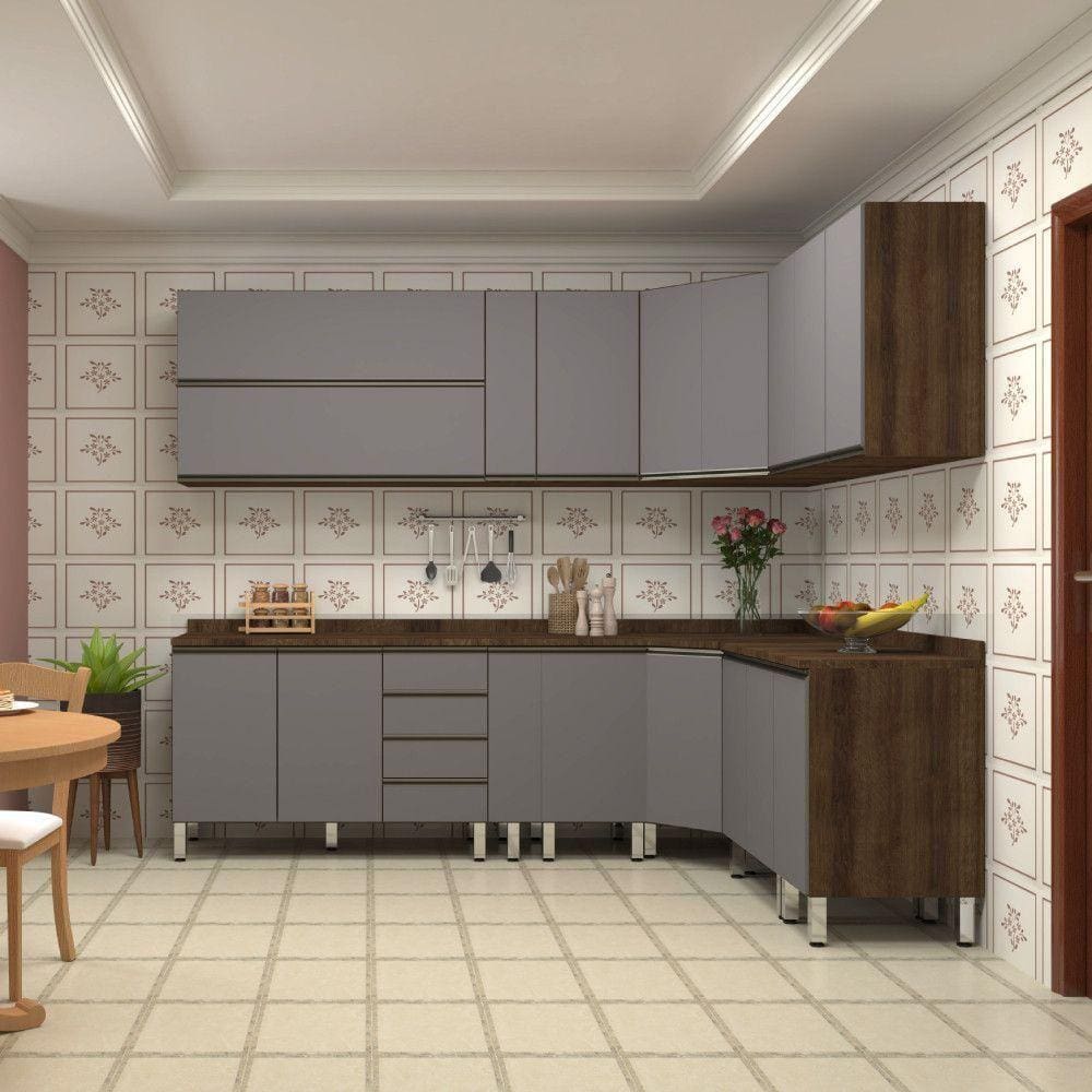 Armário De Cozinha De Canto C/12 Peças Dourado C/Cinza Puro