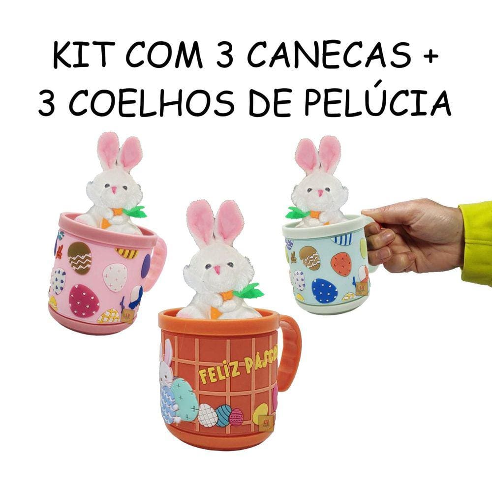 Kit 3 Canecas Emborrachada + 3 Coelhos Páscoa Pelúcia