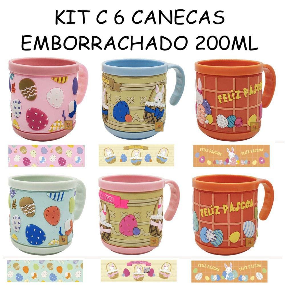 Kit 6 Canecas Emborrachada + 6 Coelhos Páscoa Pelúcia