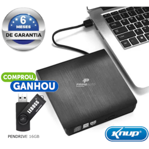 Gravador Portátil Externo CD/DVD Portátil Conexão USB Knup KP-LE300 Pendrive 16GB