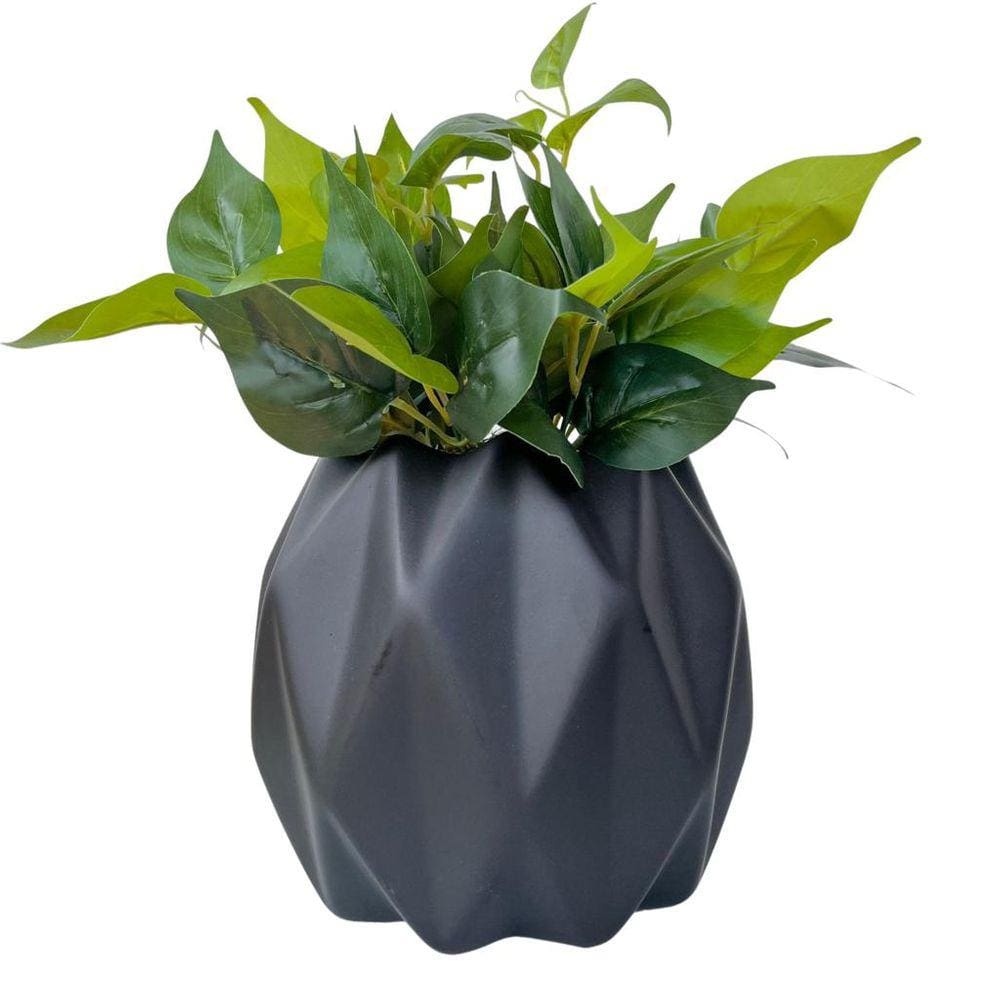 Vaso cachepot preto fosco geométrico 3D enfeite com planta