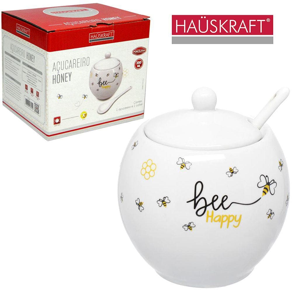Açucareiro de Porcelana Abelha Abelhinha Bee Happy com Colher