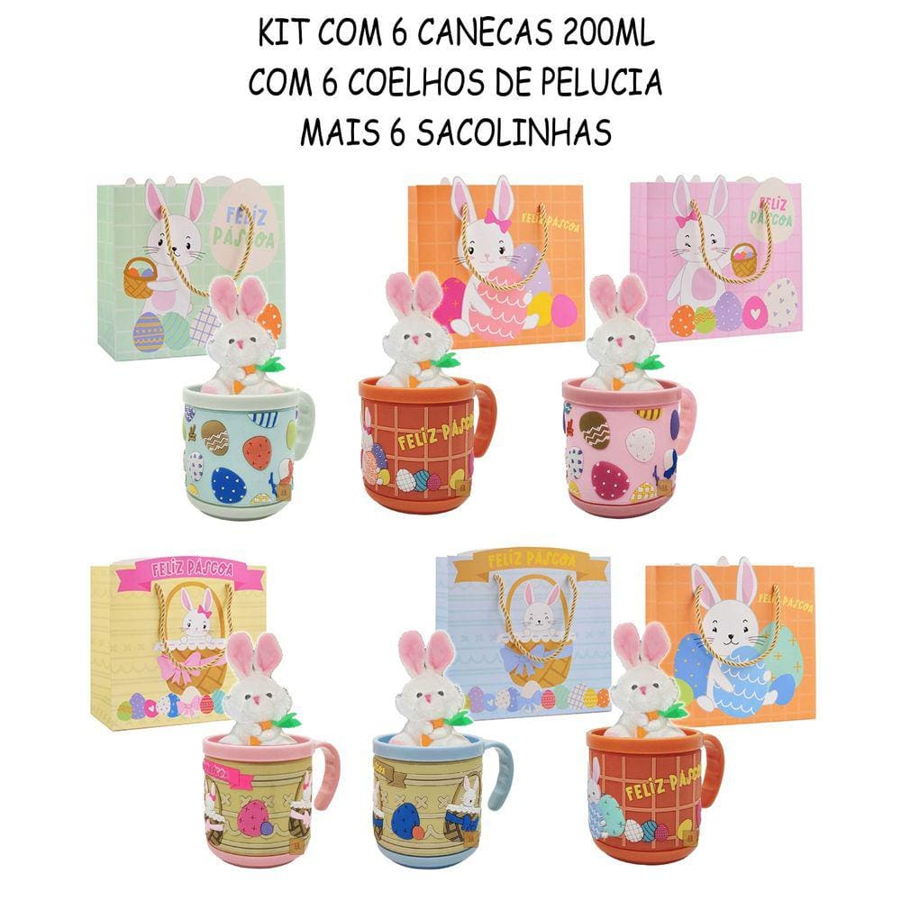 Kit Páscoa 6 Canecas 200 ml + 6 Coelhos Pelúcia + 6 Sacolas