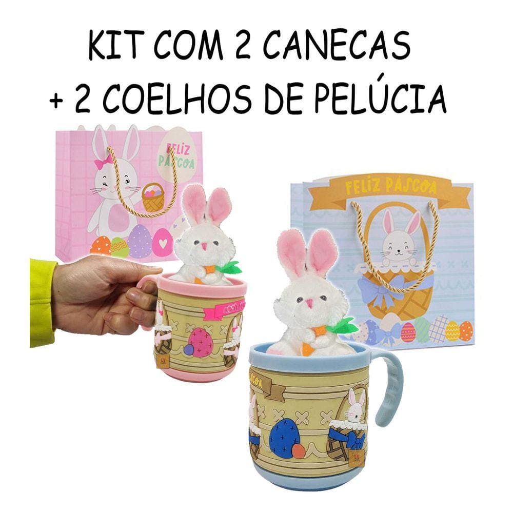 Kit Páscoa 2 Canecas 200 ml + 2 Coelhos Pelúcia + 2 Sacolas