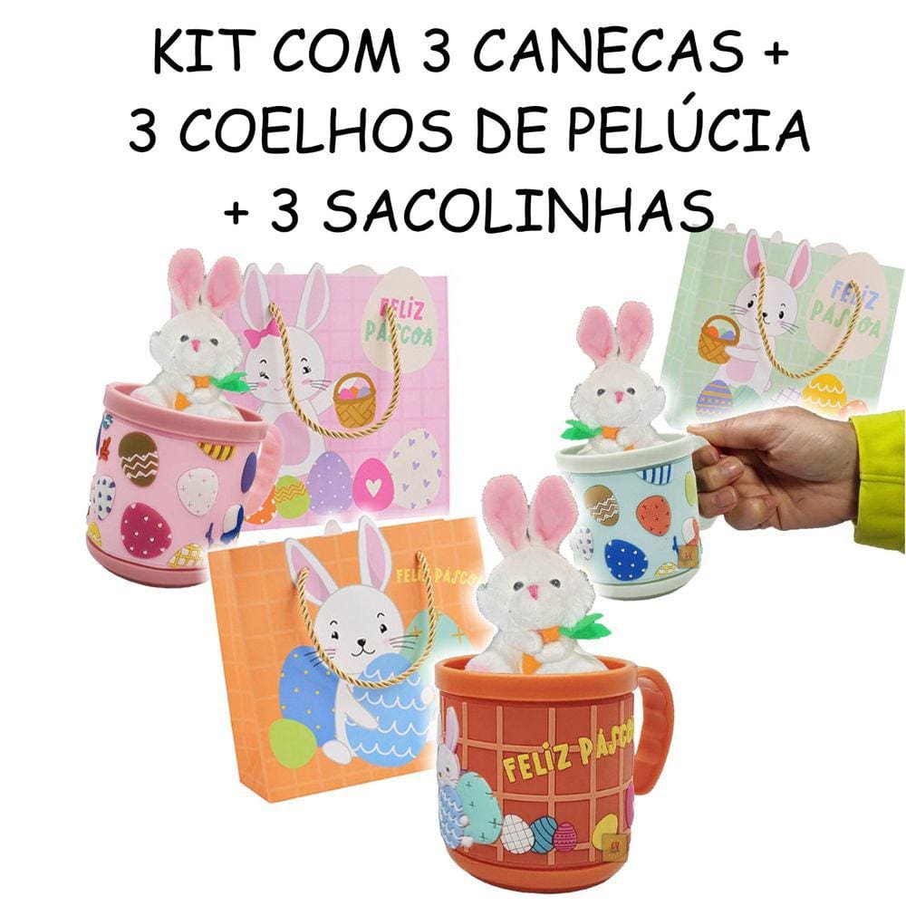 Kit Páscoa 3 Canecas 200 ml + 3 Coelhos Pelúcia + 3 Sacolas