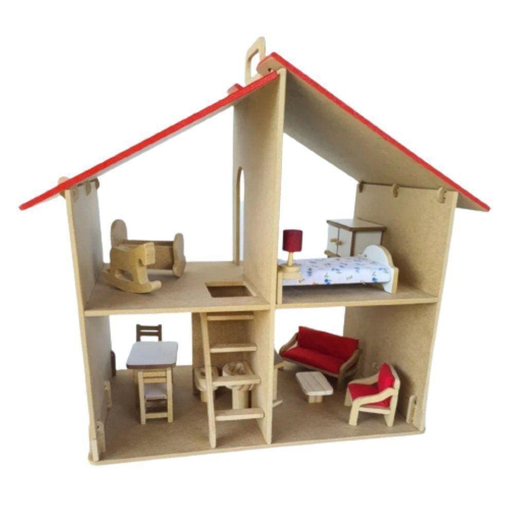 Casinha De Boneca Flex - Com Móveis - Madeira - 2 Andares