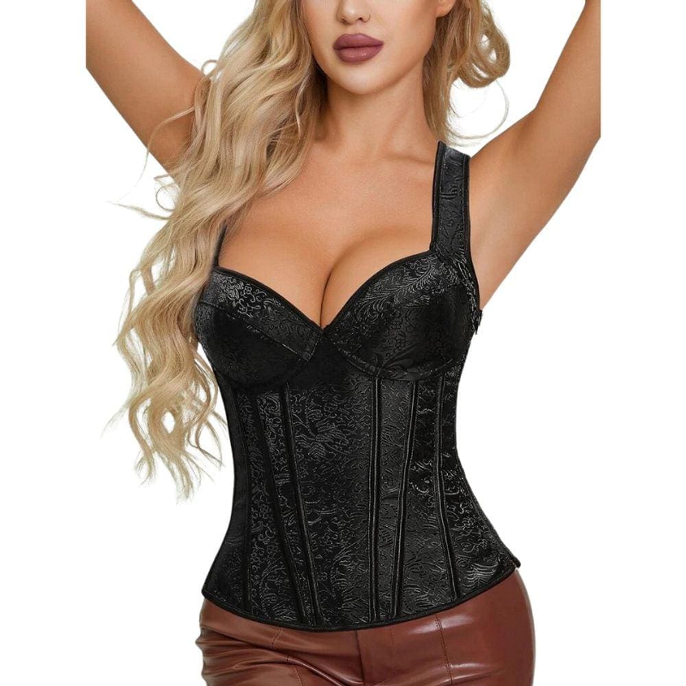 Corset Corselet Floral Bojo Alça Modela Cintura Valoriza Busto Preto Linha Fashion M131