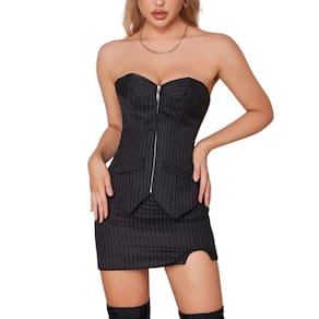 Conjunto Executivo Corpete Corset e Saia Curta Sexy Preto Risca de Giz M305