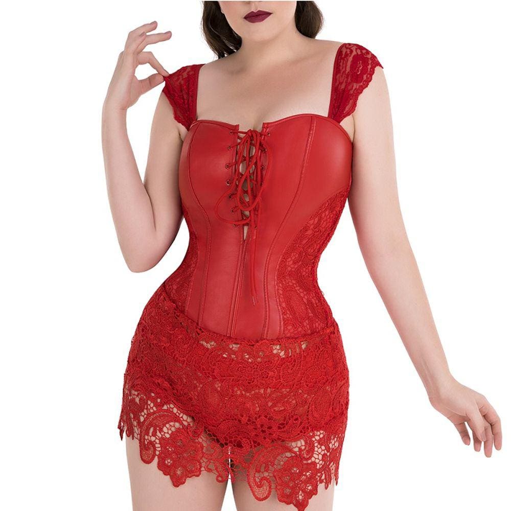 Corset Corpete Corselet Redutor Modelador Mini Saia Couro Renda Vermelho 1 Peça M301