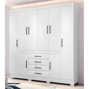 Guarda Roupa Roupeiro Casal 84020 08 Portas 04 Gavetas c/ Espelho New Realce Branco Demóbile