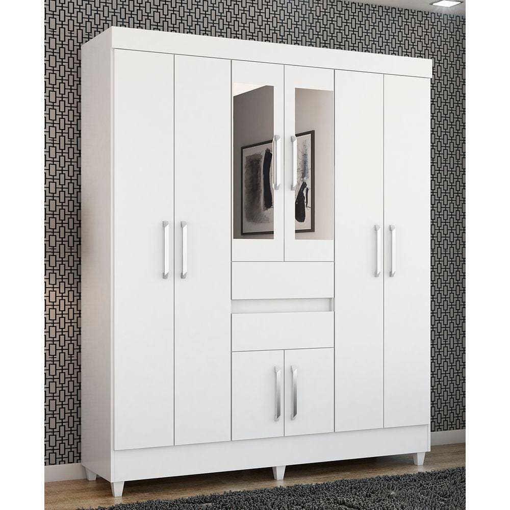 Guarda Roupa Roupeiro Solteiro 82060 08 Portas 02 Gavetas c/ Espelho Munique Branco Demóbile