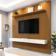 Painel Para Tv Até 75 Polegadas Ripado Impressão 3D Egeo Com Nicho 2,25m Cedro Off White EDN