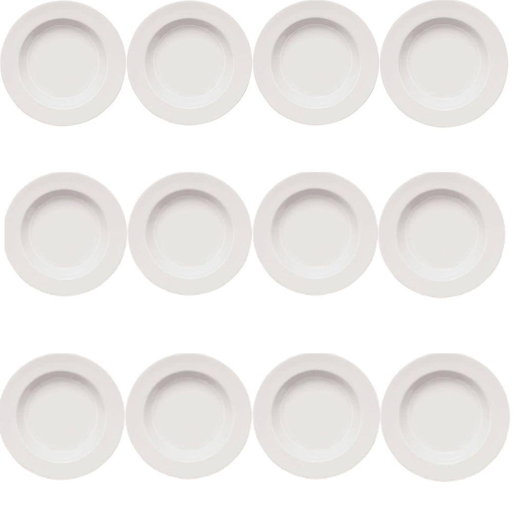 Conjunto de 12 Pratos Fundos Classe Única para Bar ou Hotel Germer de Porcelana Brancos