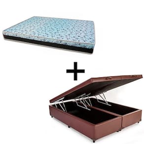 Cama Box Baú King 193 - Tecido Sintético Marrom com Colchão Berlim Bello Box - D23 Azul 58x193x203cm