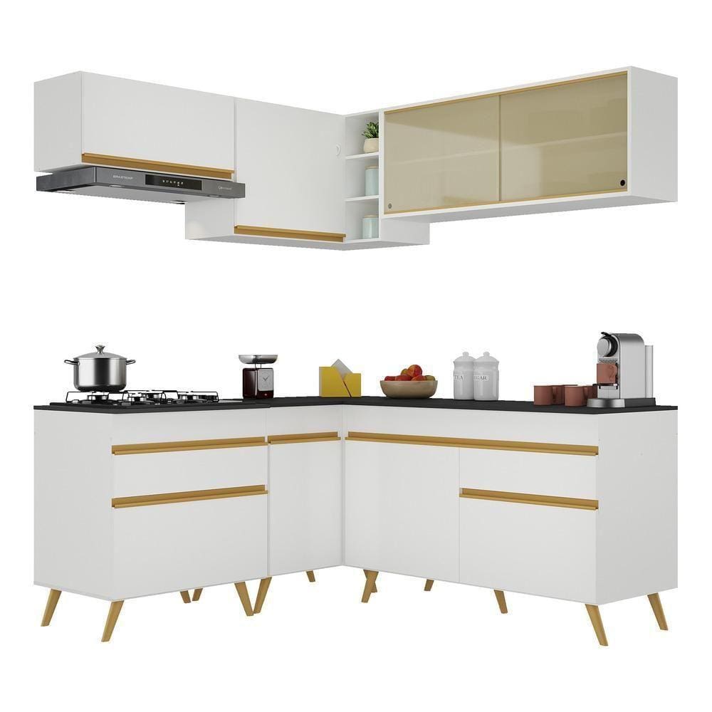 Armário De Cozinha Completa De Canto V262 Branco Dourado