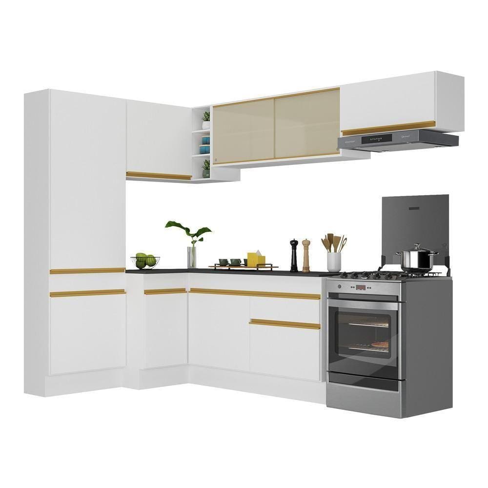 Armário De Cozinha Completa De Canto V2087 Branco Dourado