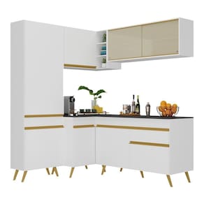 Armário De Cozinha Completa De Canto V2054 Branco Dourado