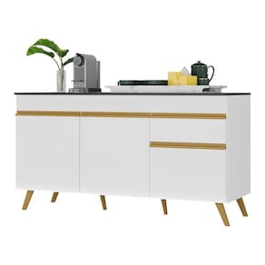 Balcão Cozinha Gabinete Pia 150cm 3 Portas Branco Dourado
