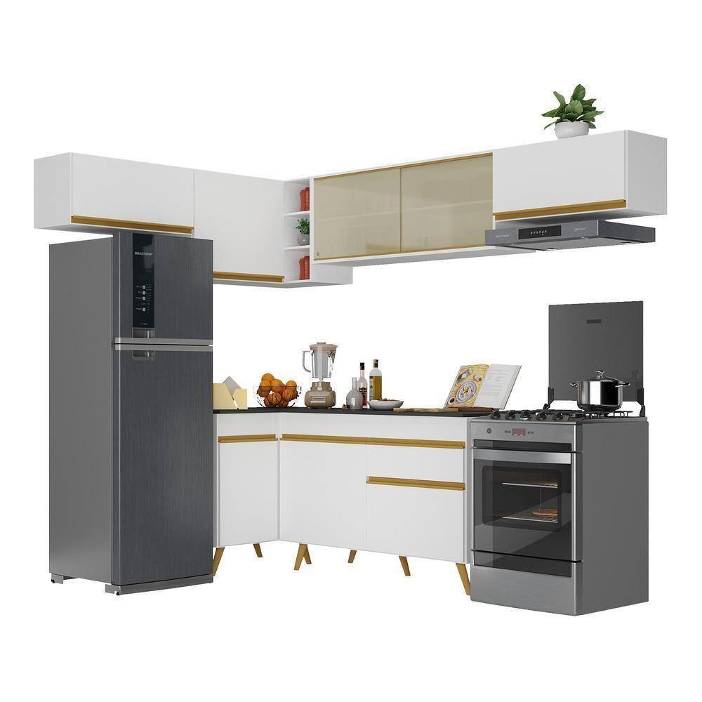 Armário De Cozinha Completa De Canto V260 Branco Dourado