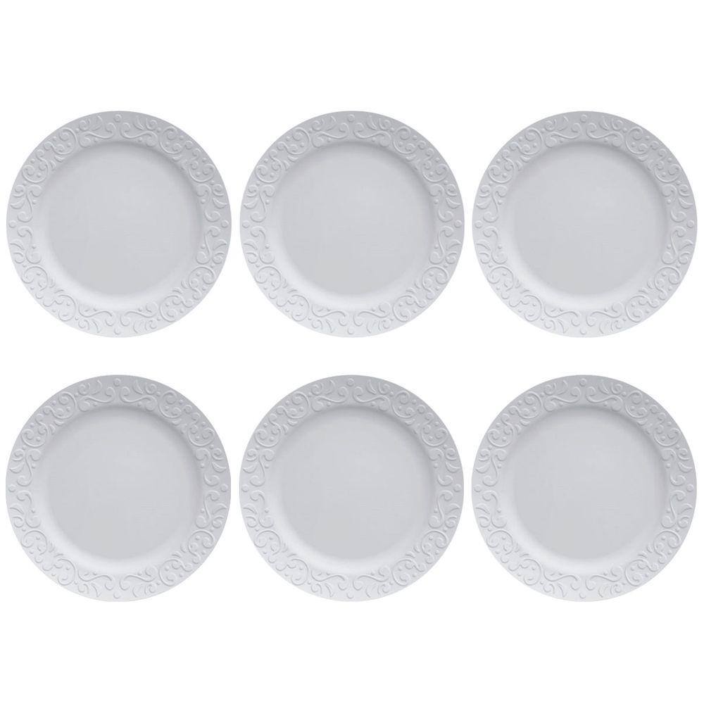 Jogo 6 Pratos Rasos Redondos 26,5cm em Porcelana com Relevo Tassel Germer Branco