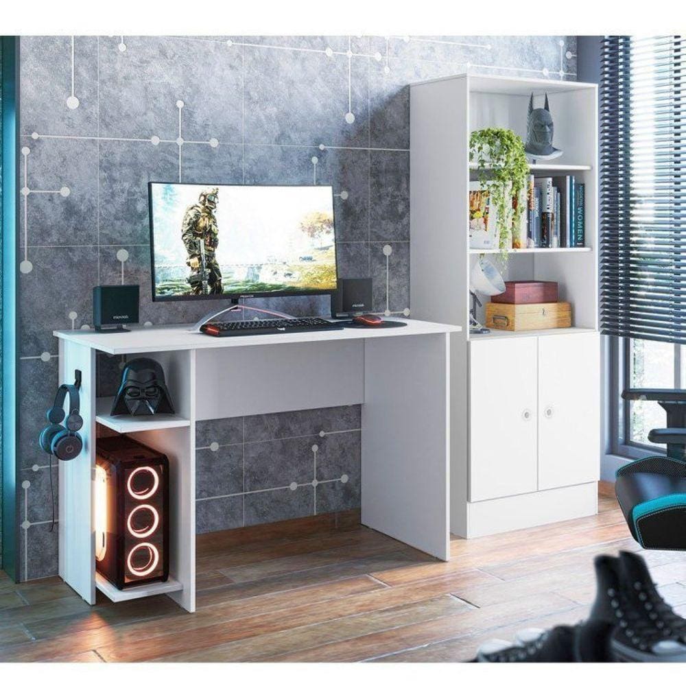 Conjunto Home Office 2 Peças Mesa Escritório/Gamer e Armário 2 Portas 5 Prateleiras Espresso Móveis Branco