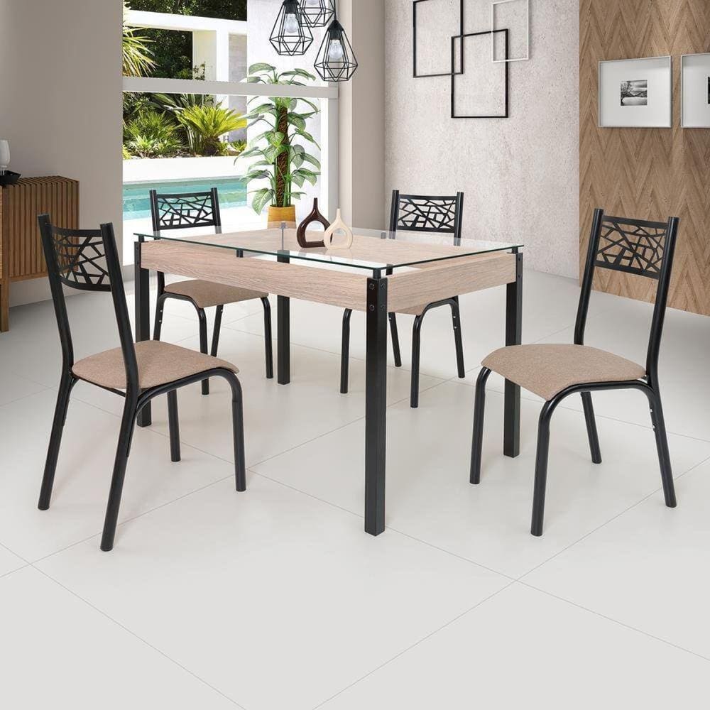 Conjunto Sala de Jantar Mesa Jade 120x75cm Tampo Vidro com 4 Cadeiras Ciplafe Preto Fosco/Linho Bege