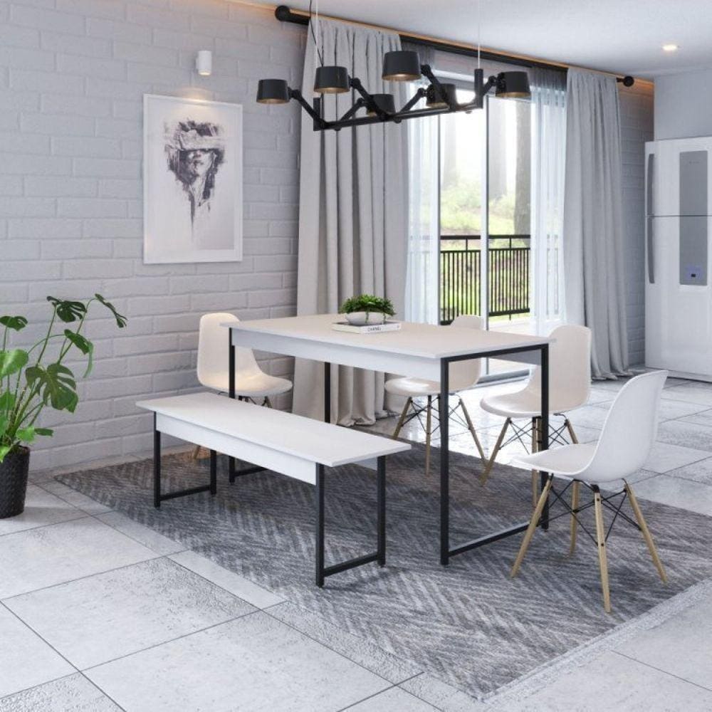 Conjunto Mesa de Jantar com 1 Banco e 4 Cadeiras Eames Base Madeira Espresso Móveis Branco Chess