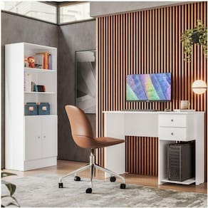 Conjunto Home Office 2 Peças Escrivaninha 2 Gavetas e Armário Gamer 2 Portas Espresso Móveis Branco