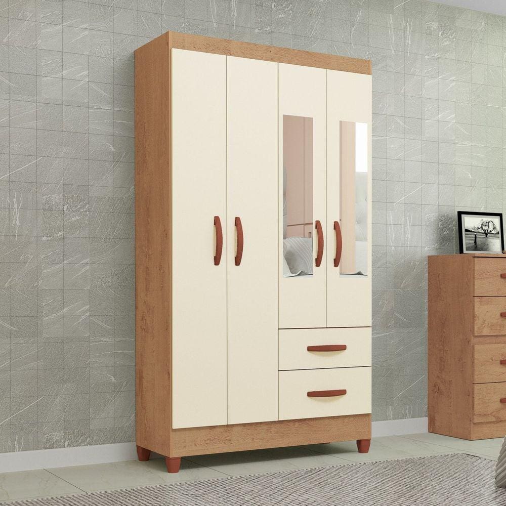 Guarda Roupa Solteiro 4 Portas 2 Gavetas Fortaleza Atualle Móveis Canelato Rústico/Marrom Off White