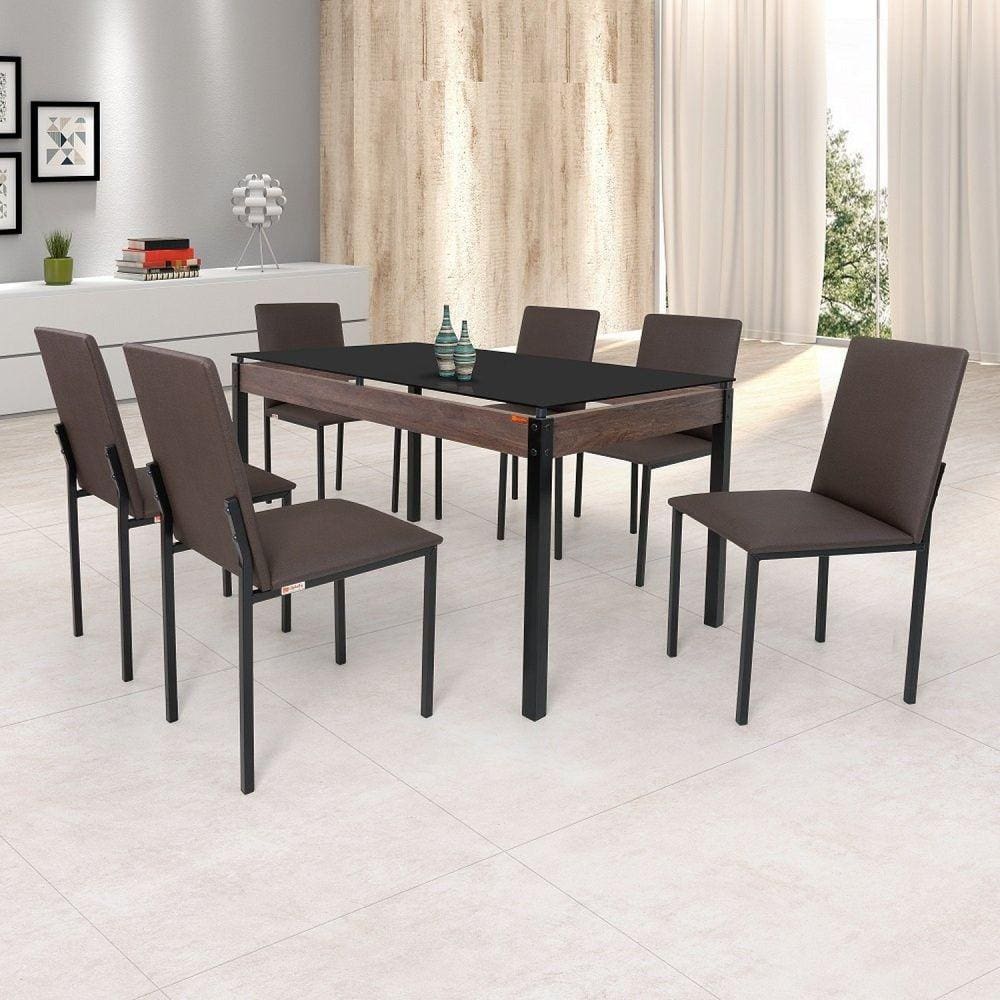 Conjunto Sala de Jantar Mesa Dubai 140x80cm Tampo Vidro com 6 Cadeiras Ciplafe Preto/Linho Marrom