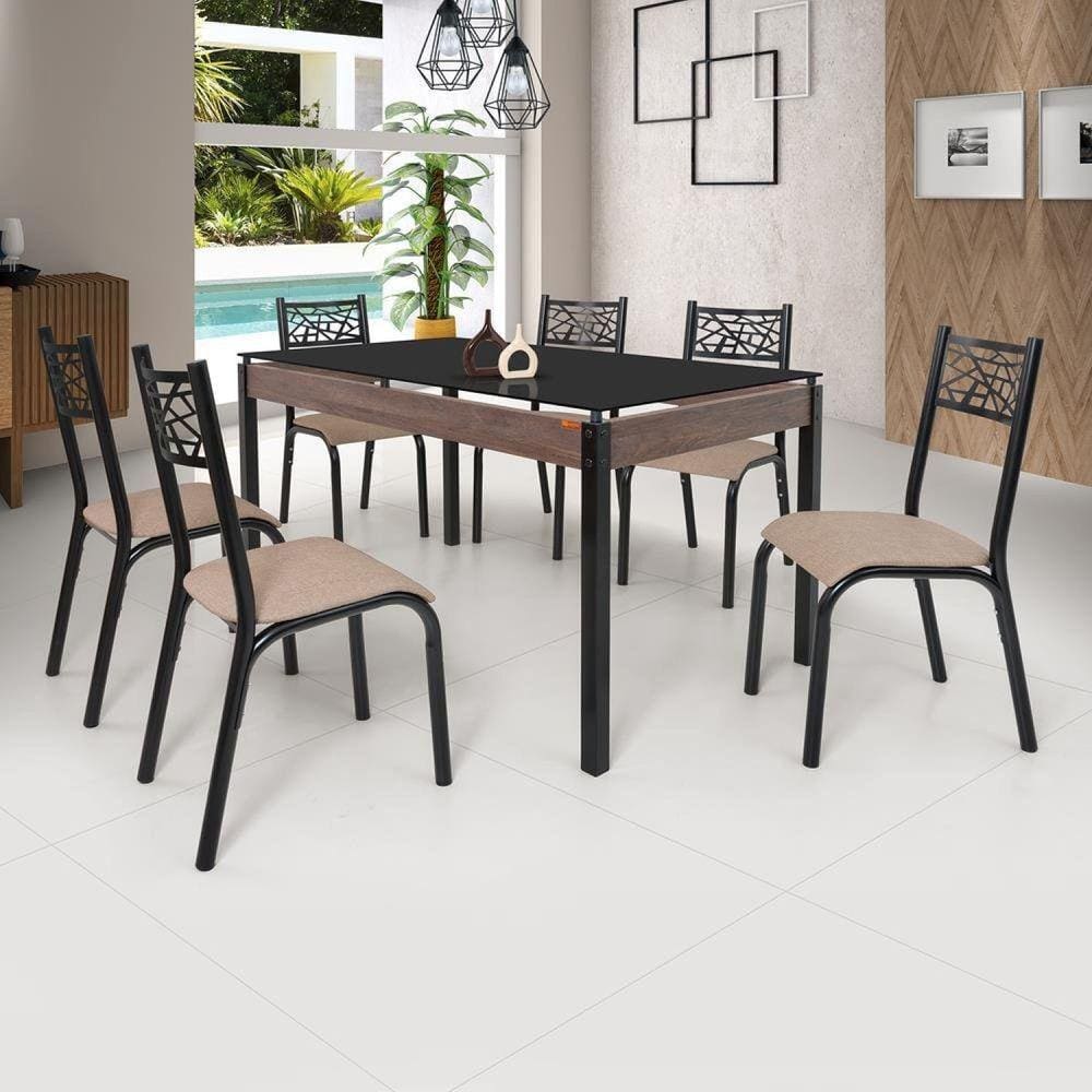 Conjunto Sala de Jantar Mesa Jade 140x80cm Tampo Vidro com 6 Cadeiras Ciplafe Preto/Linho Bege