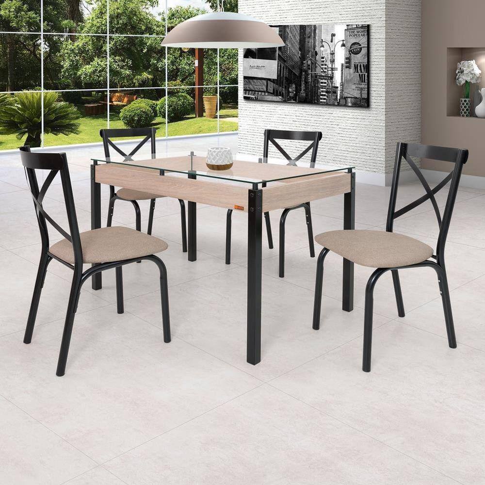 Conjunto Sala de Jantar Mesa 120x75cm Tampo Vidro com 4 Cadeiras Karina Ciplafe Preto/Linho Bege